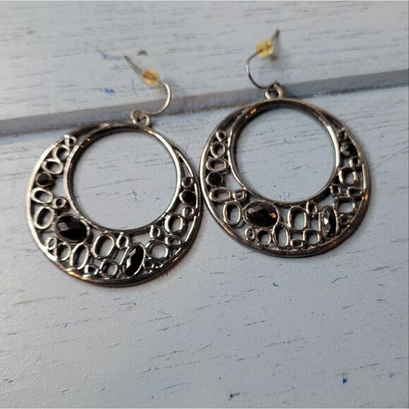 Earrings Pierced Drop Hoops Silver Tone Black Gems - Picture 4 of 5